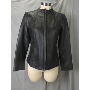 Alfani Petite Black Leather Jacket Sculpted Seams Minimal City Edge Size S